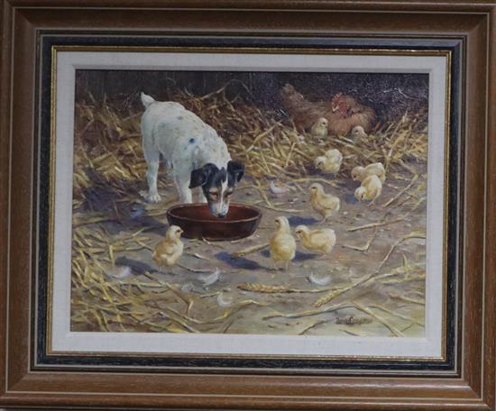 Donna Crawshaw (b. 1960), Jack Russell terrier and chicks, signed, oil on canvas